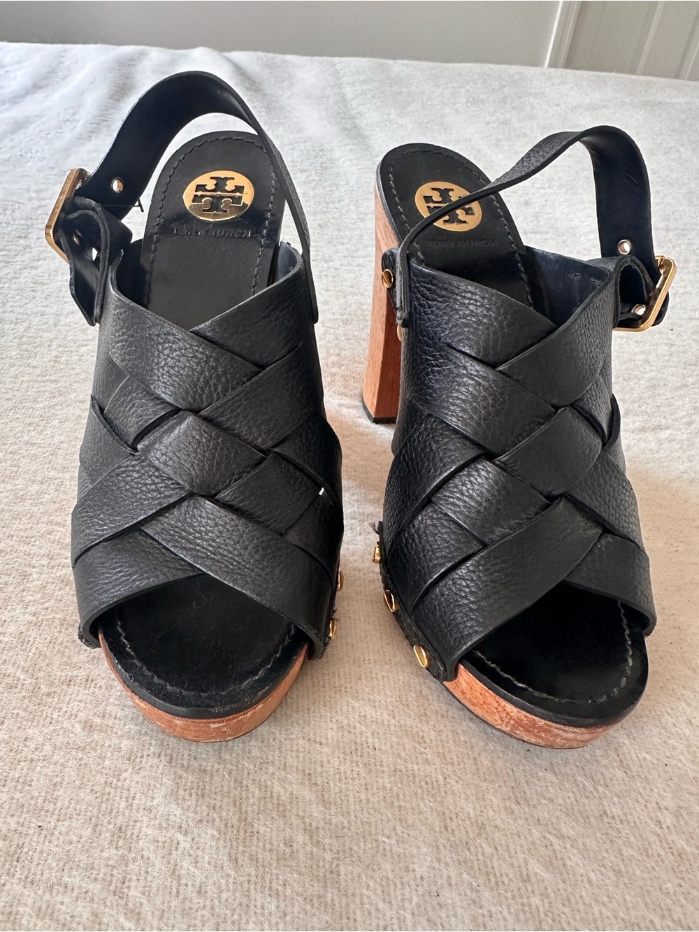 Tory Burch Jodi Black Leather Woven Platform Heels Sandals